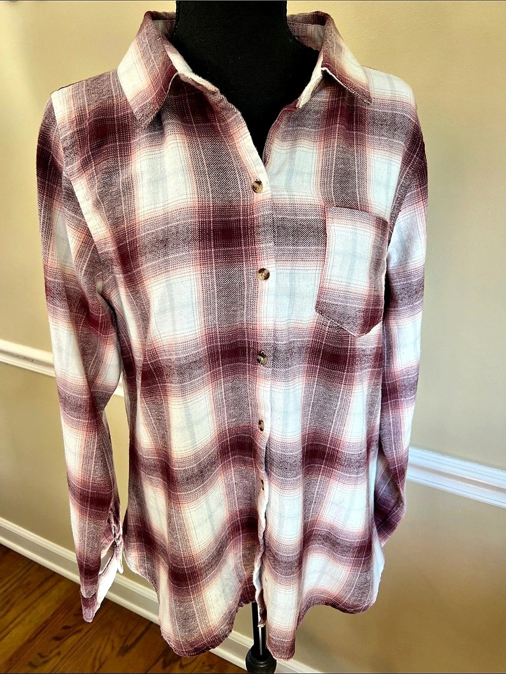 Passport Plaid Cotton Button Down in Burgundy & Cream XL